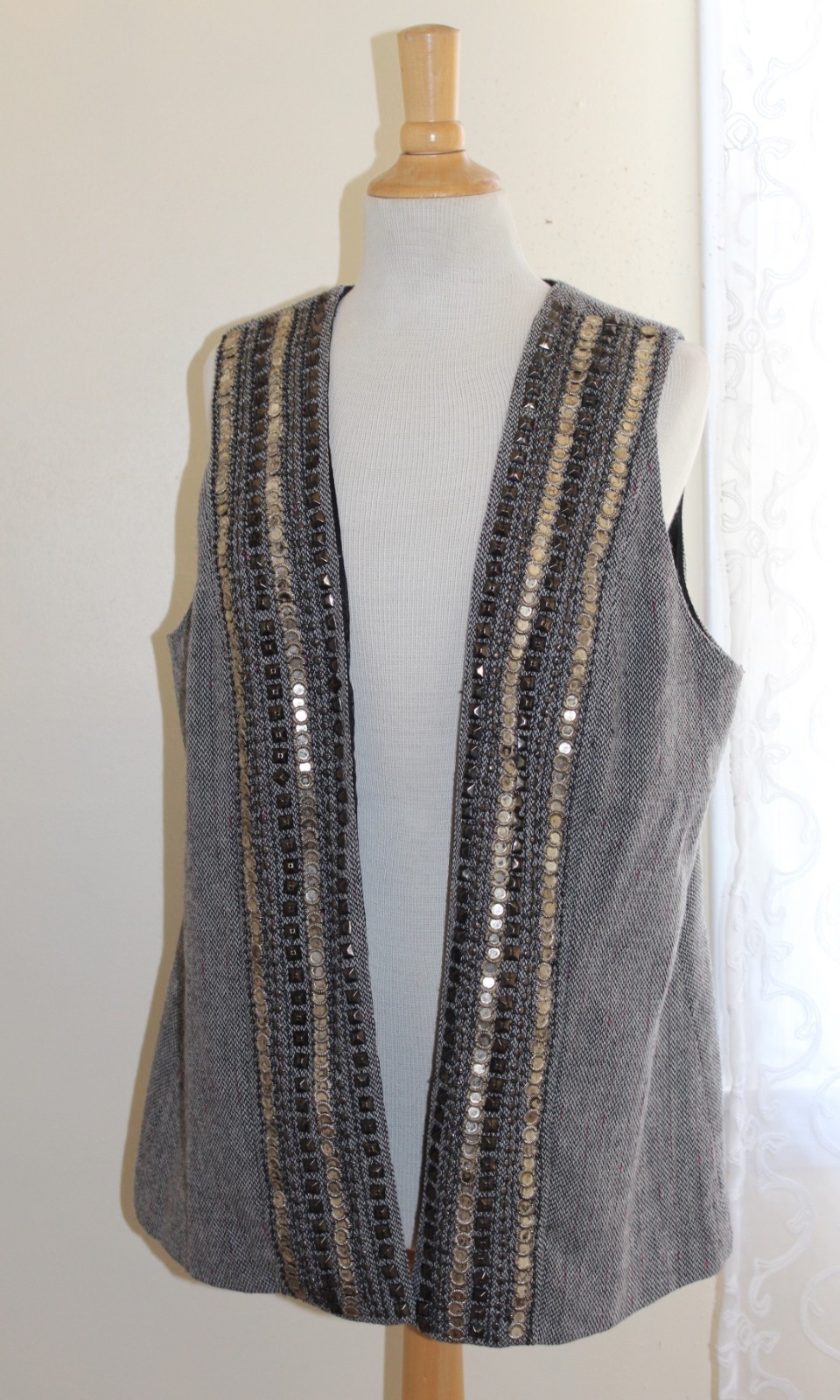 ALTRA Giacca gilet Chico's argento art to wear bagels perline funky cool taglia 2 L
