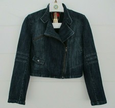 Elle Blue Cropped Denim Moto Jean Jacket Women's Size S Zip-up Pockets Long S