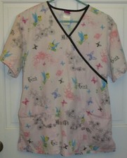 Disney Womens Pink Tinkerbell Faux Wrap Tie Back Medical Nursing Scrub Top Sze M