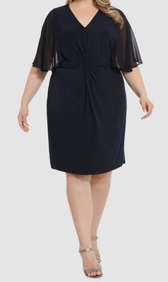 London Times Women's Blue Flutter-Sleeve Twist-Front Capelet Dress Plus Size 16W