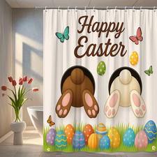Happy Easter Shower Curtain with Bunny and Colorful Eggs
