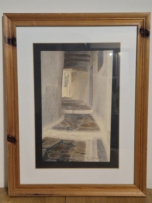 Original Mixed Media Artwork - Stone Alleyway Scene Signed Tom Flanagan 2011