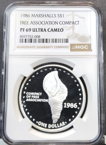 1986 MARSHALL ISLANDS SILVER 1 DOLLAR FREE ASSOCIATION NGC PF 69 ULTRA CAMEO