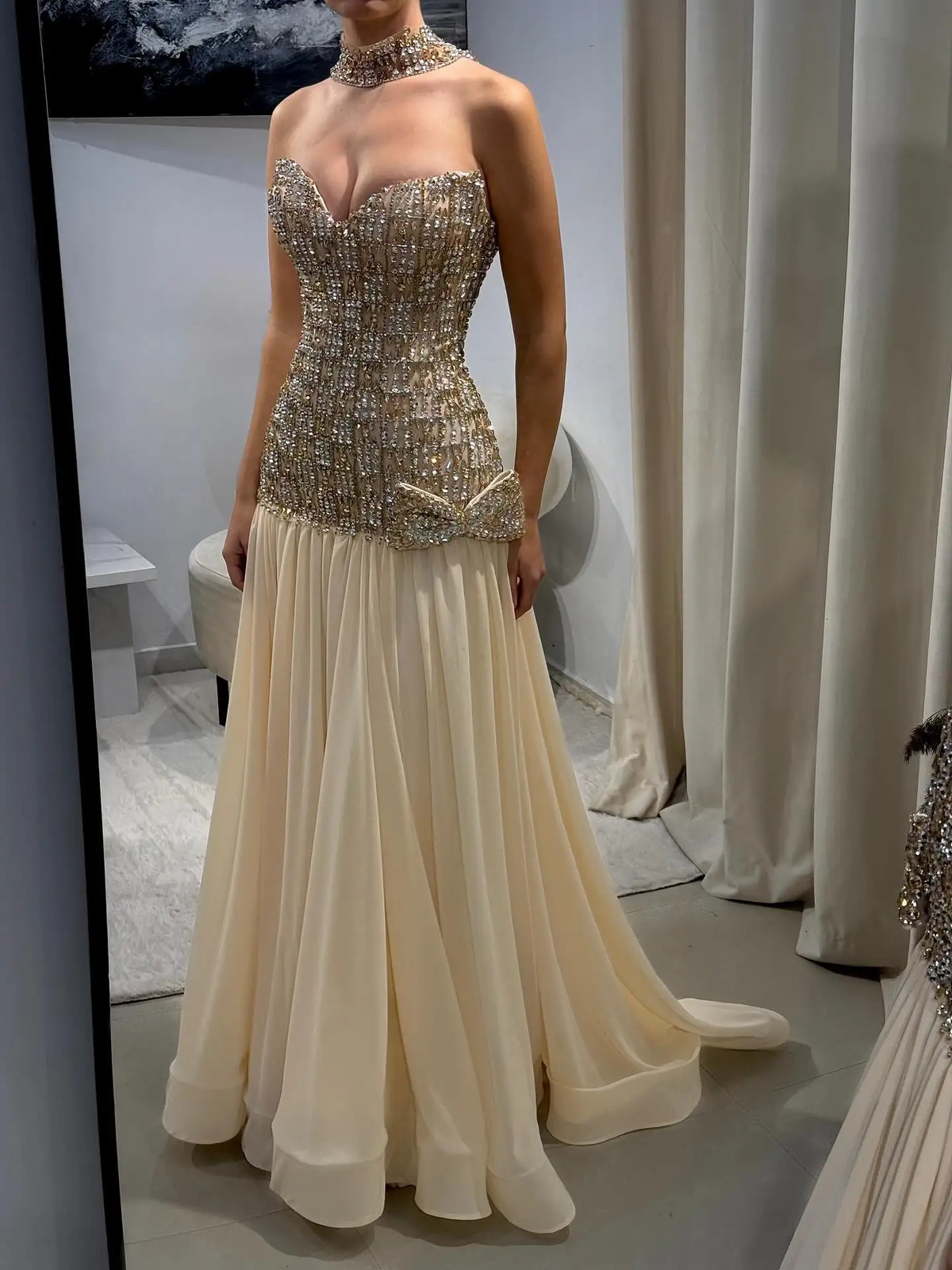 Crystals Evening Dresses Shiny Beaded Strapless Sleeveless Bow Prom Dress