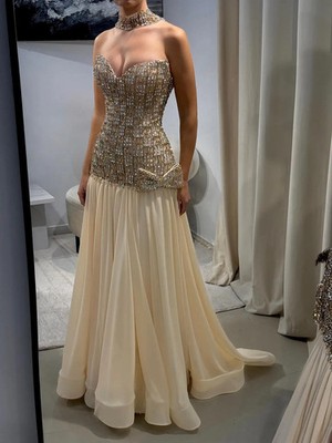 Crystals Evening Dresses Shiny Beaded Strapless Sleeveless Bow Prom Dress