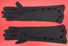 Vintage 14" Black Opera Gloves Floral Vine Applied Design Size 6-1/2 Hong Kong