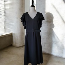 Eliza J Flutter Sleeve Belted Black Midi Dress V Neck Sz 14