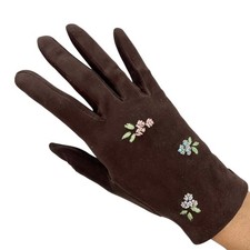 Vtg 50s 60s made in France brown suede floral embroidered beaded short gloves 7