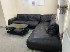 Black Leather Corner Sofa with Chaise, Padded Arms, 300x100x80cm