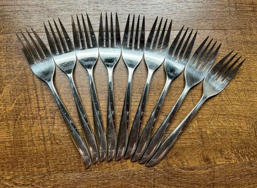 9 Oneida Community Stainless TWIN STAR Salad Dessert Forks 6.25 Atomic Starburst