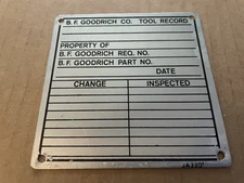 Vintage B.F. GOODRICH Tire Co Aluminum Metal Sign Tag TOOL RECORD Akron OH #14
