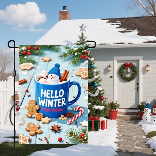  Winter Garden Flag 12x18 Inch Winter Hello Winter Hot Cocoa Mug Garden Flag