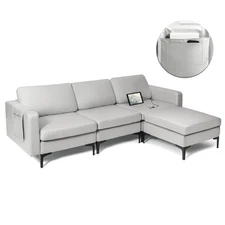 Modular L-shaped Sectional Sofa w/ Reversible Chaise & 2 USB Ports Light Grey