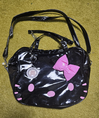 Hello Kitty Black Patent Shoulder Bag Pink Bow Zip, Detachable Strap, Lined