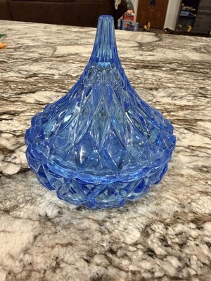Hershey s Kisses Crystal Light Blue Covered Candy Dish 5'' Glass