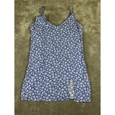 Reformation Blue White Daisy Floral Mini Dress Slit V-Neck Size L Sleeveless