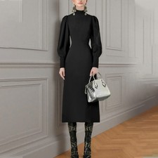 Womens Slimming Black Dress Stand Collar Waist Cinching Dress Mid Length Skirts