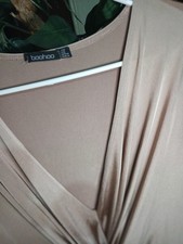 Boohoo Beige Ruched V-Neck Long Sleeve Midi Bodycon Dress US 10