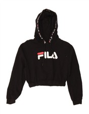 FILA Womens Crop Graphic Hoodie Jumper UK 14 Medium Black Cotton YL10