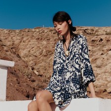 Zara Printed Tunic Mini Dress Blue White L Bohemian Peasant Long Sleeve Flowy
