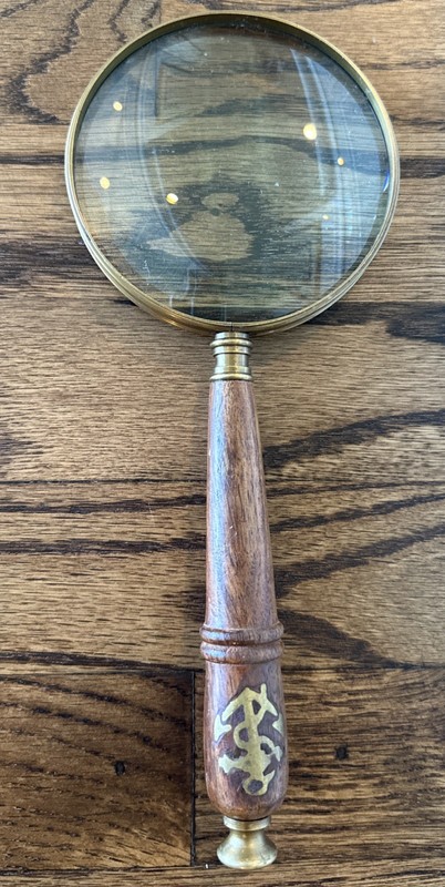 ARTEMISIA Vintage Magnifying Glass Teak Wood Brass Nautical Anchor Loupe 10in L