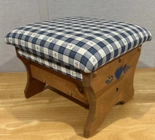 VTG Storage Foot Stool Footrest Blue White Check Sewing Craft Box
