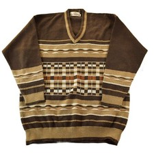 Vintage 70s 80s Fashion Guide Knit Abstract Pattern V Neck Sweater Men's L