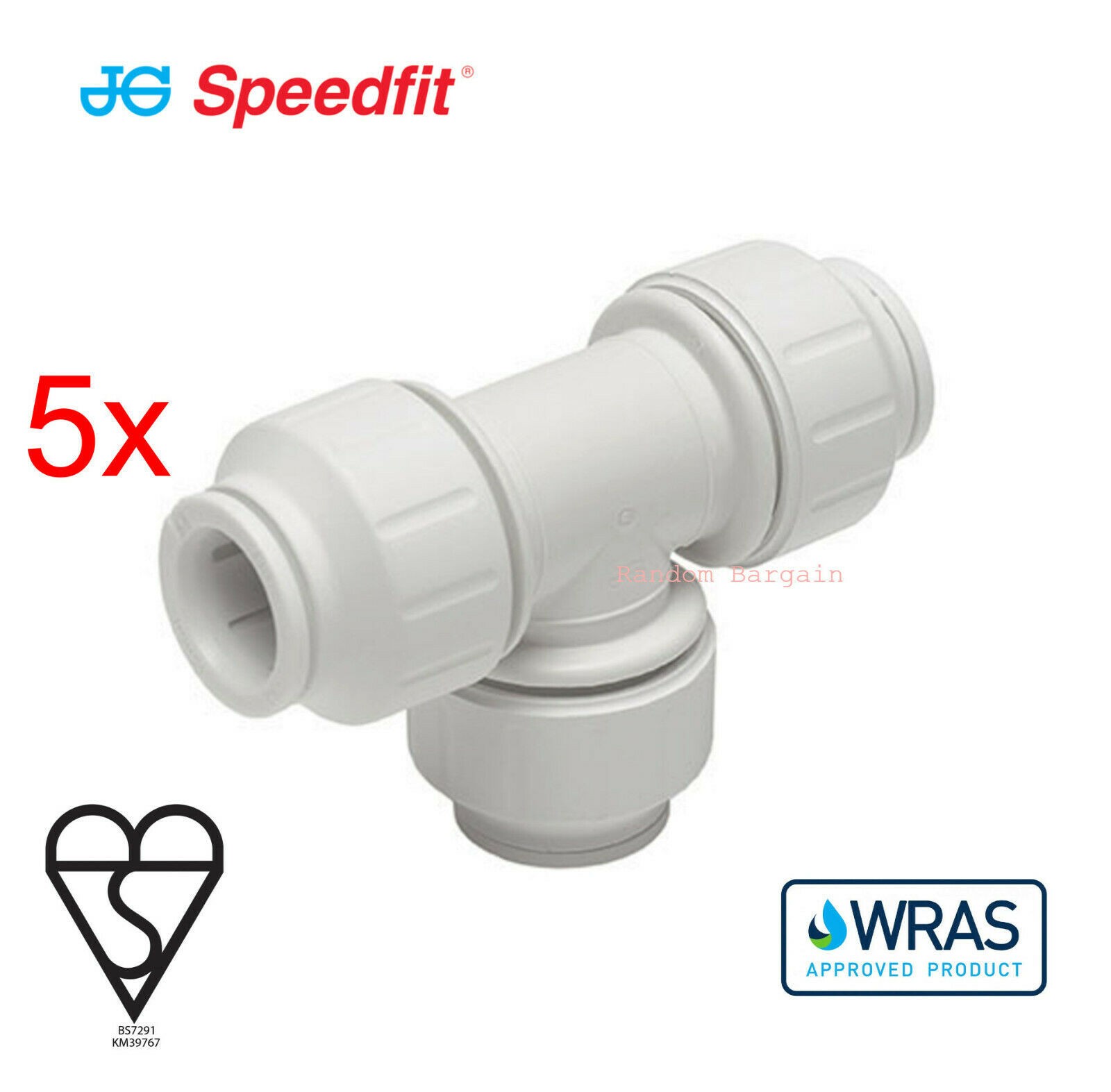 Pack of 5 - John Guest 15mm Equal Tee Speedfit / Push-fit - PEM0215W