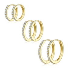 Small Hoop Earrings Cubic Zirconia Huggie Earrings, 3 Pairs 14K 1, Gold