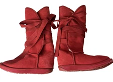Emu Women's EU 38 US 7 Red Suede Wool Lined Wrap Ribbon Lace Boots