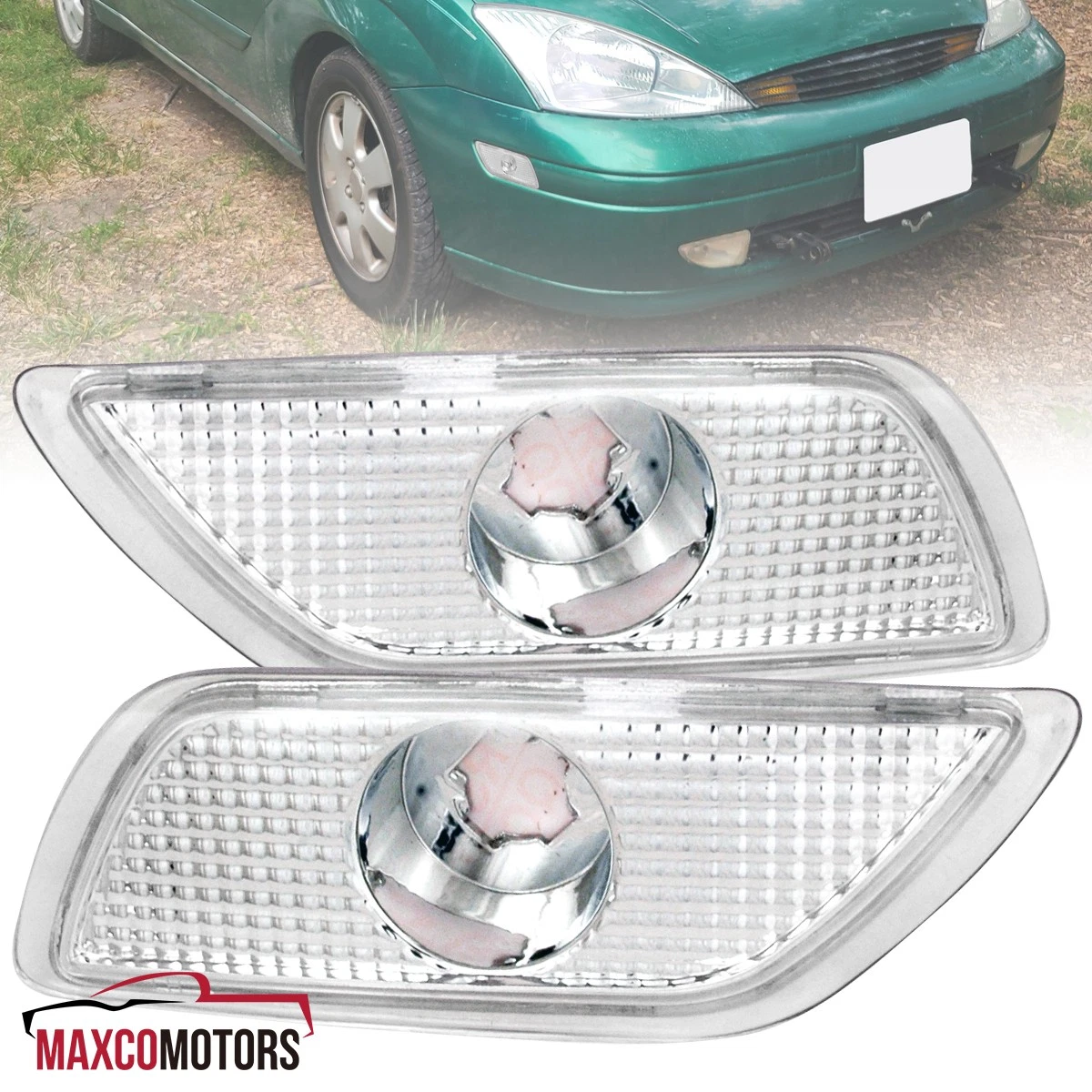 Pair Of Front Bumper Turn Signal Lights For 2000-2005 Ford Focus – Clear Lens, Chrome Housing, Halogen