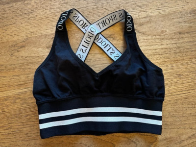 ODOLLS Black Stripe Logo UK 4-6  V- Neck Crop Criss Cross Back Sports Bra NWT