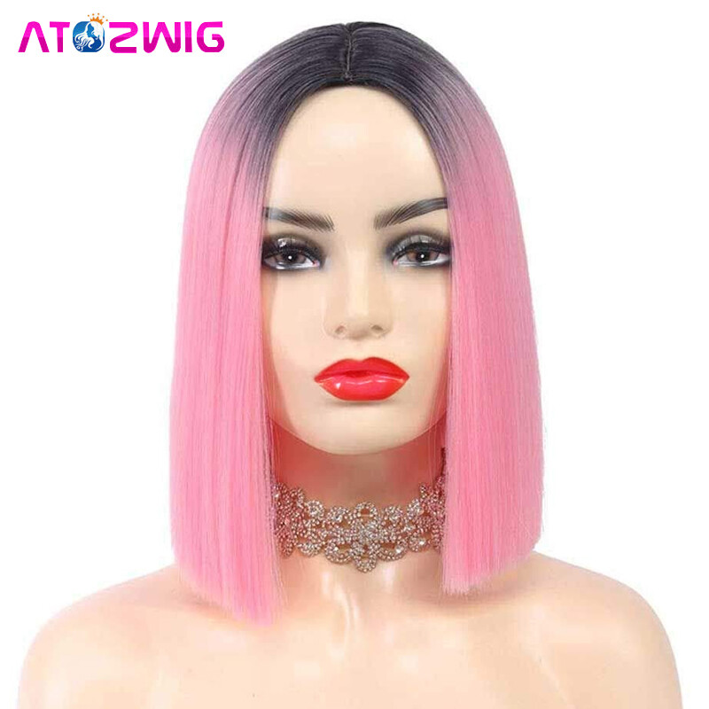 Dark Root Pink Synthetic Wigs Bob Wigs Straight Cosplay Costume