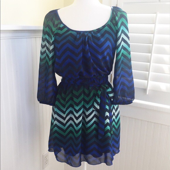blue and green chevron dress Entro Blue & Green Chevron Stripe Midi Dress with Pockets Lightweight Summer Maxi Dress Medium