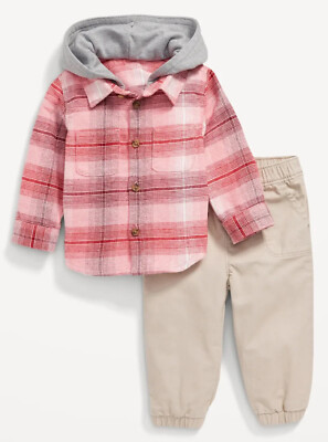 Old Navy Baby Hooded Soft-Brushed Flannel Shirt & Jogger Pans Set Size 3-6 6-12