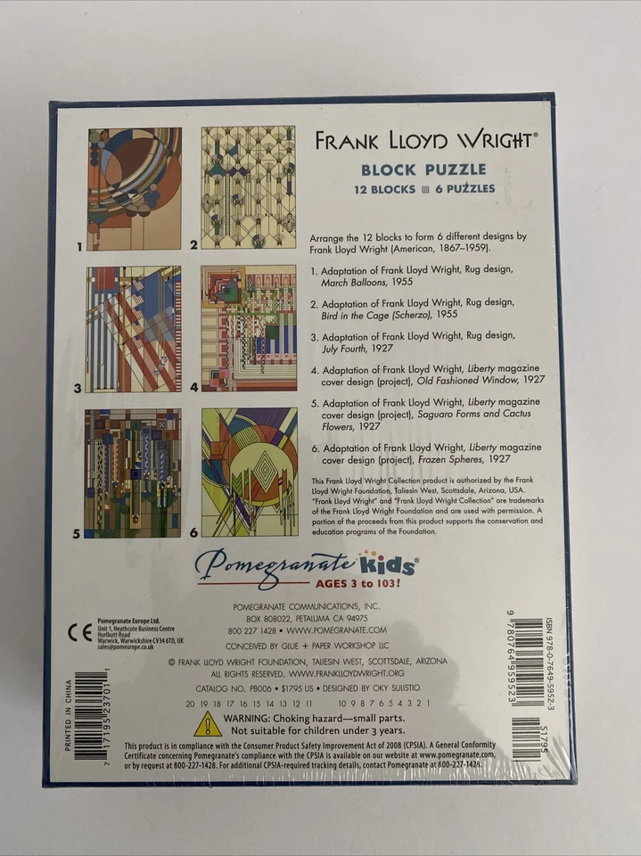 Frank Lloyd Wright блок головоломки 12 блоков 6 различных конструкций в заводской упаковке новый - Изображение 2 из 2