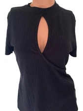 Belle & Sky Black Cut Out Bust Short Sleeve Ribbed Knit Top Women’s Size Large