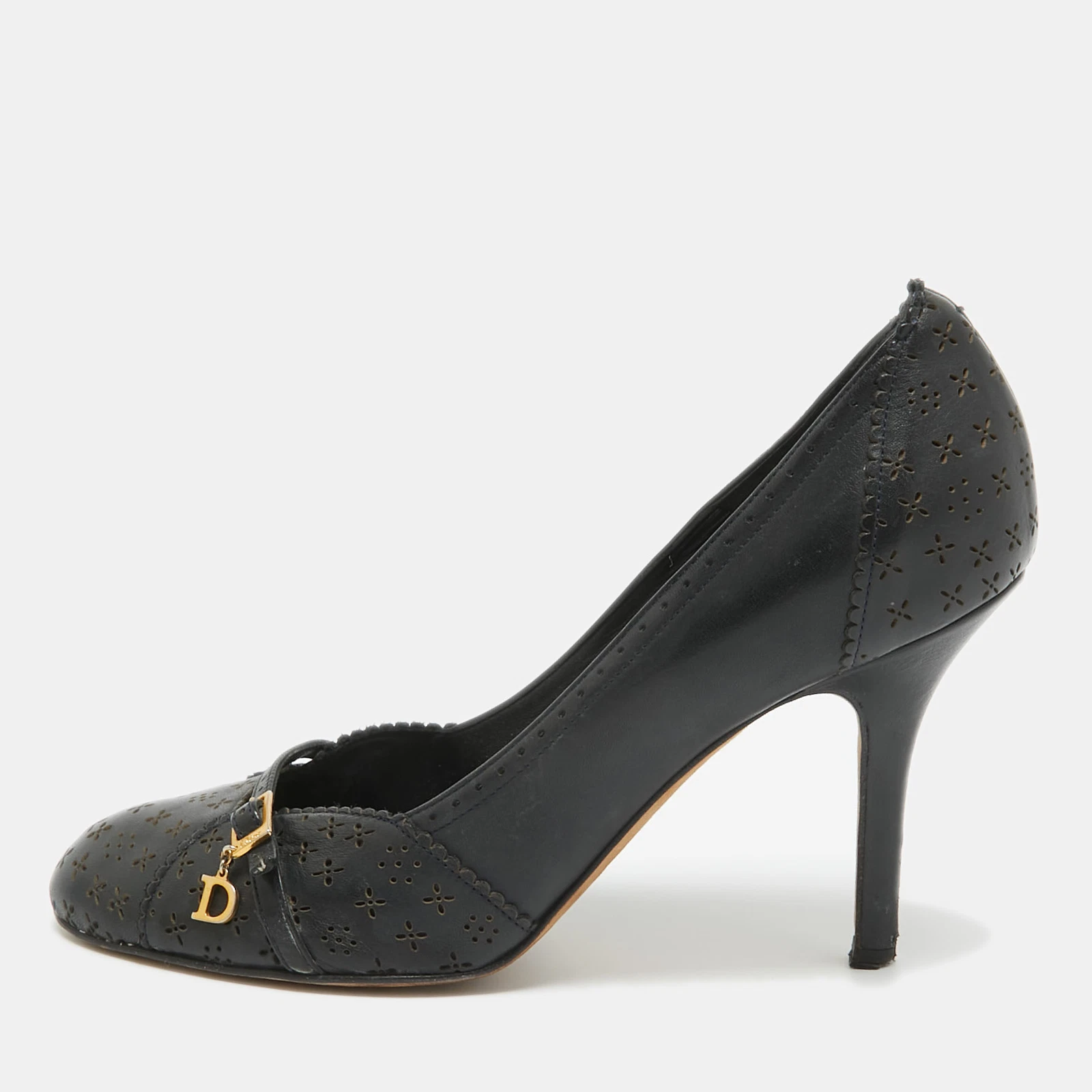 Escarpins bout rond boucle cuir bleu marine Dior taille 38,5