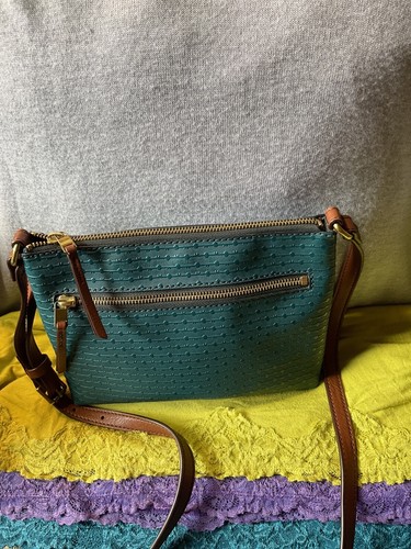 Fossil Dark Teal Coated Canvas Leather Trim Gemma Zip Shoulder Bag Crossbody