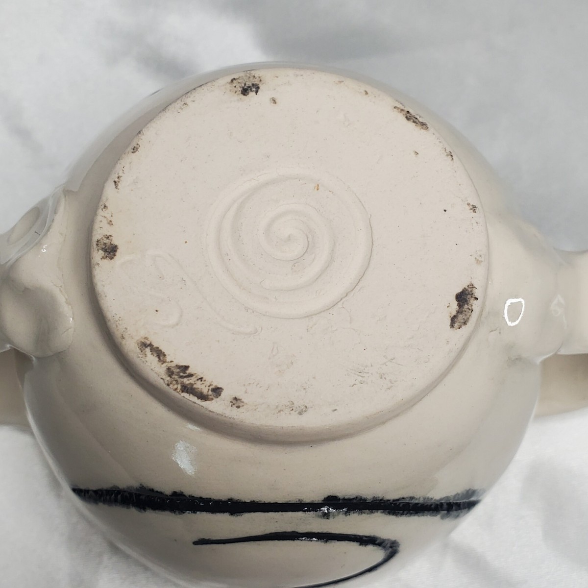 Unique Funky Artisan Pottery Coffee Mug Double Handle Abstract Face Happy Sad View 4