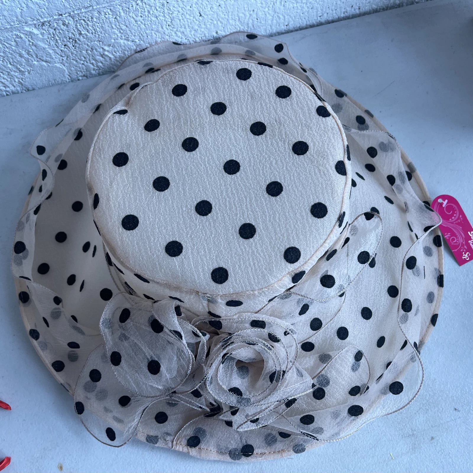 Sophia Collection Womens Beige Polka Dot Wide Brim Sun Hat With Flower Lace