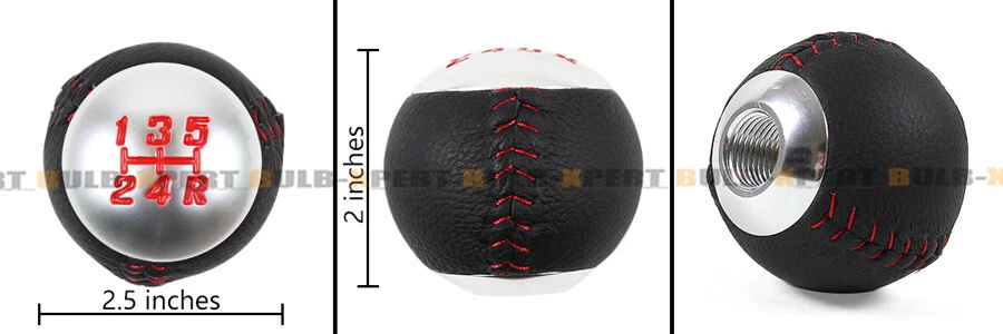 Perilla de cambio de marchas redonda de 5 velocidades cromada de cuero con costuras rojas para Mitsubishi Mazda Foto 3 de 4