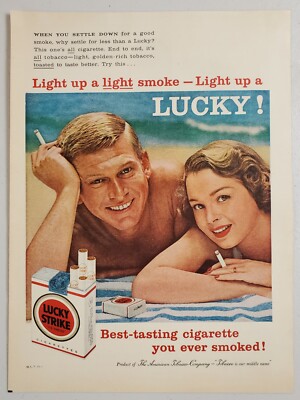 1958 Print Ad Lucky Strike Cigarettes Happy Beach Couple Smoke Luckies