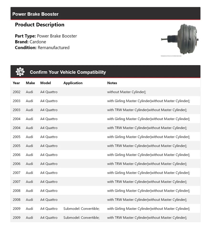 Para 2002-2009 Audi A4 Quattro Power Brake Booster Cardone 2003 2004 2005 2006 - Imagem 2 de 4