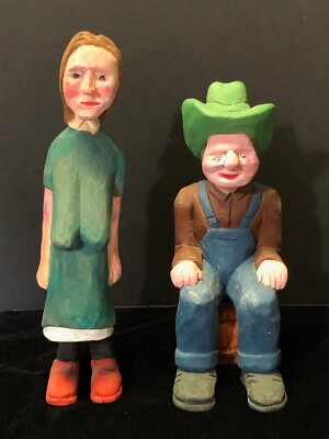 Country Farm Couple Wood Carvings by Tennessee Artist Glen Harbin 1970's