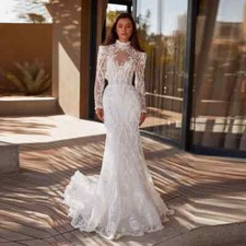 High Neck Mermaid Wedding Dresses Appliques Long Sleeve Buttons Lace Bridal Gown