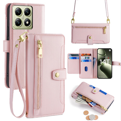 Handykette Xiaomi 14T Hülle mit Band Handyhülle Kartenfächer PU Leder Umhängetas