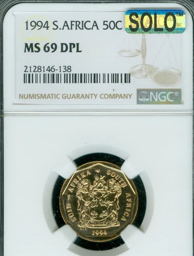 1994 SOUTH AFRICA 50 CENTS NGC MS69 DPL MAC SOLO FINEST GRADE & SPOTLESS RARE *