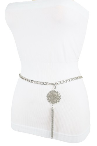 Women Belt Hip High Waist Silver Metal Chains Fringe Tassel Flower Size M L XL - Picture 9 of 12