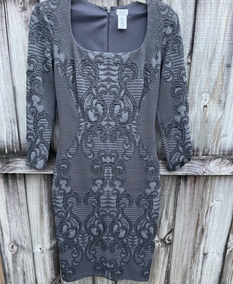Cache Gray Damask Textured Stretch Knit Body-con Dress 3/4 Sleeves Modern Chic S